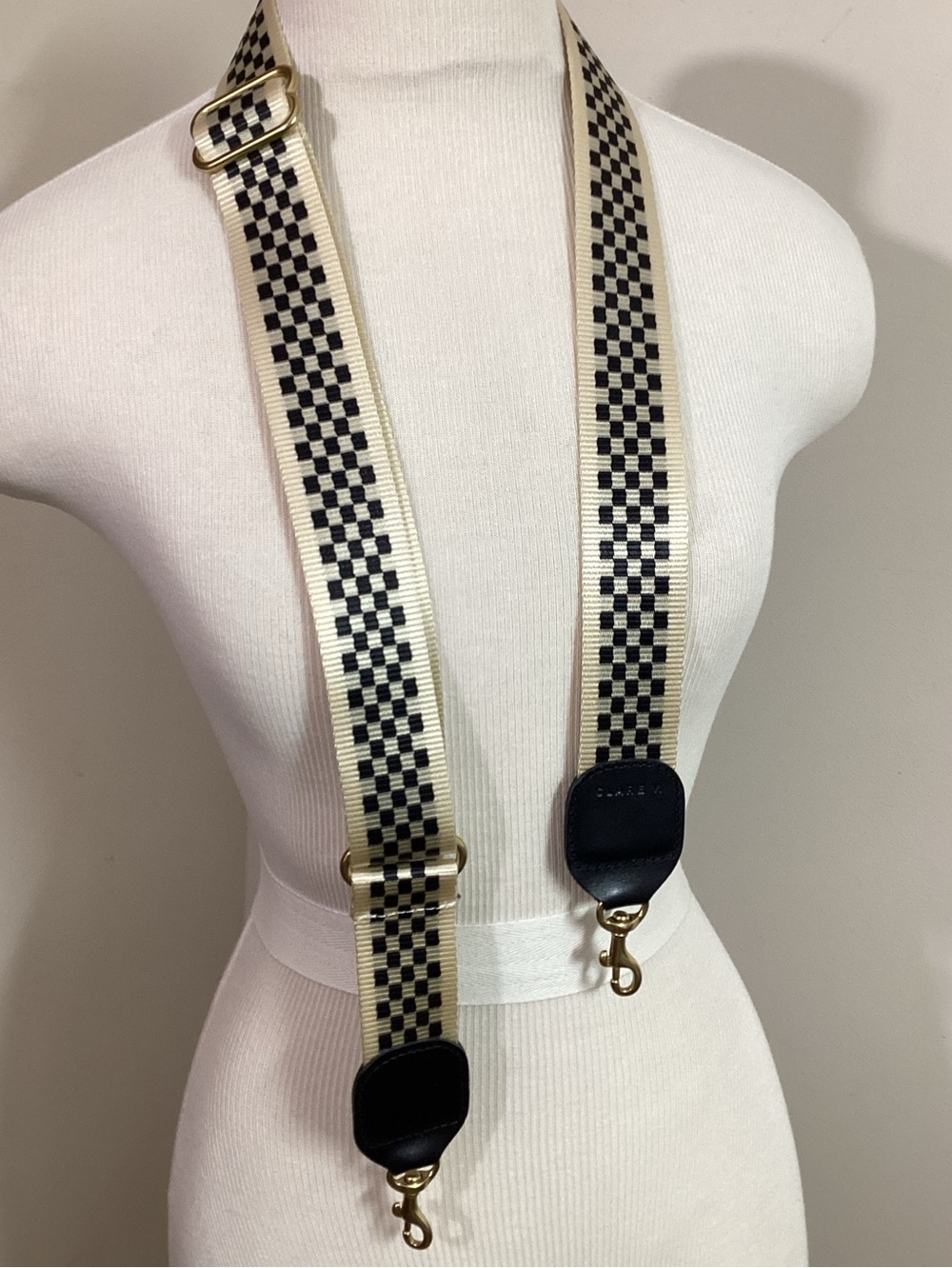Clare V. Adjustable Crossbody Bag Guitar Strap Black Cream Checkered NEW - Picture 2 of 6